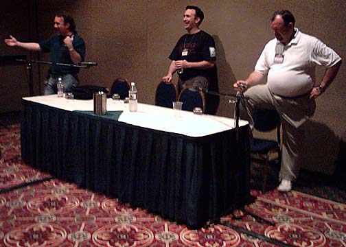 DragonLance co-author Tracy Hickman, right, and Star Wars author Michael Stackpole, left, at GenCon 2004